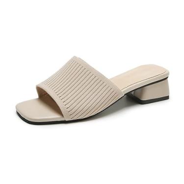 Imagem de Crazyours Sandálias femininas de malha elástica, bico quadrado, salto baixo, grosso, moderno, para uso ao ar livre, salto grosso, bico aberto, chinelo sem cadarço, feminino, confortável, casual, festa