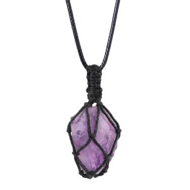 Imagem de LERSUSI Colar com pingente de cristal natural feito à mão com suporte de pedra preciosa com comprimento ajustável para mulheres e homens, 0.98-1.57 inches / 2.5-4cm, Gema, A - ametista