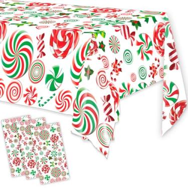 Imagem de Gifloon Pacote com 3 toalhas de mesa de Natal descartáveis, toalha de mesa de bengala doce para decorações de festa de Natal, capa de mesa de plástico para suprimentos de mesa retangulares, 137 x 272