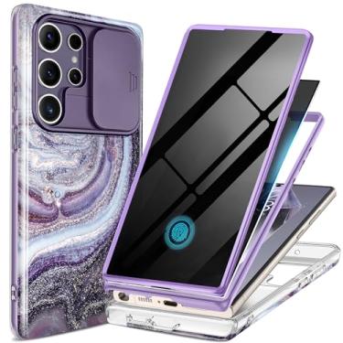 Imagem de GVIEWIN Capa para Samsung Galaxy S24 Ultra, [capa de câmera deslizante e protetor de tela de privacidade integrado] [2 molduras frontais] Capa de telefone mármore à prova de choque de grau militar