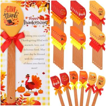 Imagem de LemonRoad Pacote com 24 espátulas de silicone de Ação de Graças e outono, conjunto de raspadores resistentes ao calor com desenhos de abóbora de outono e peru, laço de madeira, cozinha e assar, para