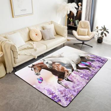 Imagem de Tapete de área de cavalos de corrida, animais de fazenda ocidentais roxo lavanda tapetes de sala de estar para crianças adultas, aquarela borboleta rústica floral antiderrapante tapete decorativo