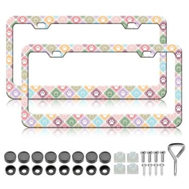 Imagem de Moldura de placa de licença de pata de cachorro - 2 peças coloridas padrão de tabuleiro de xadrez patas de cachorro bonito suporte de placa de carro de alumínio, à prova de ferrugem, à prova d'água