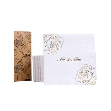 Imagem de JoyfulArtink Guardanapos de coquetel brancos Mr. & Mrs. Pacote com 80 guardanapos de papel descartáveis com 3 camadas de 13 x 12 cm com design rosa para casamento, chá de panela, despedida de solteira