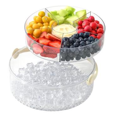 Imagem de Bandeja de servir gelada com tampa e suporte de molho para festas, bandeja de festa gelada com frutas, suporte de vegetais, suporte de bolo, bandeja de sobremesa, bandeja fria e 5 compartimentos (G)