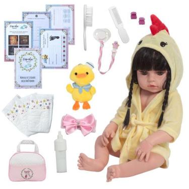 Imagem de Bebê Reborn Menina Corpo 100% Silicone Roupão Kit Acessórios - Cegonha