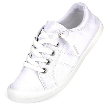 Imagem de Hxlber Tênis feminino de cano baixo – bico redondo, confortável, casual, de lona, tênis moderno para caminhada, Branco, 35