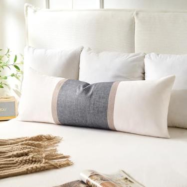 Imagem de Wosendy Capas de almofada de cama decorativa patchwork 91 x 35 cm branco bege cinza boho casa de fazenda almofada de sofá para cama decoração moderna sofá sala de estar decoração de casa pacote com 1