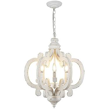 Imagem de Lustre de fazenda de madeira branca envelhecida com 6 luzes, luminária pendente estilo country francês para sala de jantar, banheiro, lustres industriais, luminária de teto suspensa