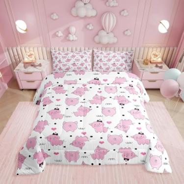 Imagem de Erosebridal Conjunto de edredom de porco rosa para meninas, kawaii, conjunto de cama completo, com porcos fofos para crianças, meninos, crianças, animais de fazenda, acolchoado, estilo desenho animado