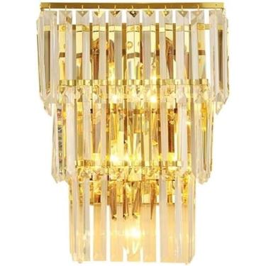 Imagem de Apliques de parede de cristal dourado moderno, luminária de parede de cristal de 3 camadas, lâmpadas de parede elegantes para sala de estar, quarto, corredor,