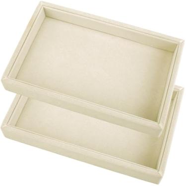 Imagem de Mornajina 2 bandejas de veludo de 23 cm x 14,5 cm, bandeja de exibição de joias, bandejas empilháveis vazias para brincos, colares, pulseiras, anéis, exibição - cáqui claro