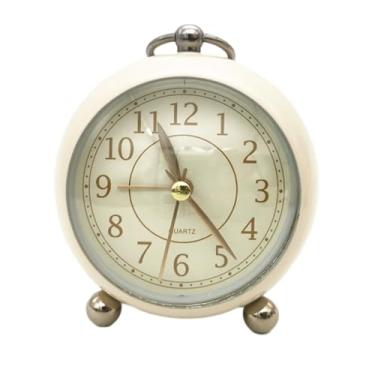 Imagem de Despertador digital, vintage, relógio de mesa de metal, anel de pendurar de 8,89 cm, despertador de cabeceira, estilo simples, silencioso com luz noturna para pessoas com sono pesado (bege)