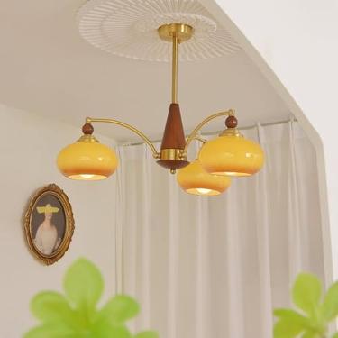 Imagem de Lustre de madeira com 5 luzes, vidro leitoso, latão, moderno, de meados do século, luz de teto, vidro laranja, rústico, fazenda, vintage, pendente, luz para quarto, sala de estar, cozinha, i