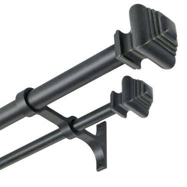 Imagem de Mayrhyme Varões de cortina duplos para janelas de 91 a 182 cm, varão de cortina duplo resistente com remates quadrados retrô e suporte duplo de alumínio, haste dupla ajustável para cortinas, preto