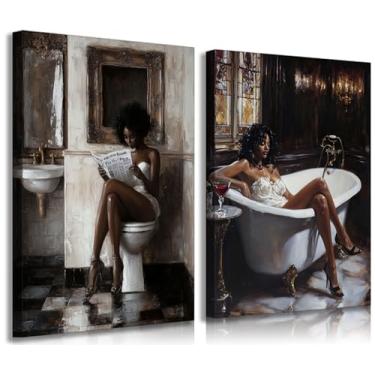 Imagem de 2 peças de arte de parede em tela de banheiro mulheres negras afro-americanas para decoração de parede de banheiro fotos moda menina negra lendo pôsteres de jornais impressões pinturas para banheiro