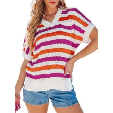 Imagem de Túnica feminina Dokotoo, decote em V, manga curta, listrada, rosa