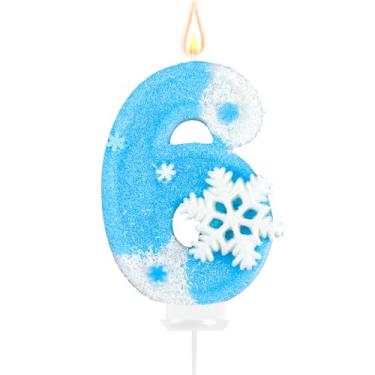 Imagem de Decorações de festa de aniversário Frozen, vela de aniversário número 6, lembrancinhas de festa de aniversário congeladas, vela de feliz aniversário para bolo, enfeite de bolo de floco de neve azul