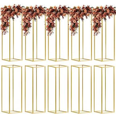 Imagem de 10 peças de vasos de coluna dourada de 80 cm de altura, centros de mesa para mesas, suporte de flores, suporte de flores geométrico retangular para casamento, evento, casa, festa, decoração de mesa de