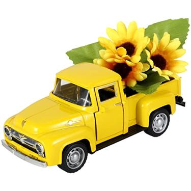 Imagem de RWWPJLLWHR Girassol Caminhão de metal amarelo mini caminhão de metal decoração com flor artificial decoração de mesa de fazenda vintage decoração de mesa de cozinha fofa para decoração de casa de