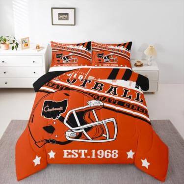 Imagem de Erosebridal Conjunto de edredom infantil de futebol americano, cor do time da cidade, capacetes esportivos de rúgbi, para adolescentes e adultos, silhueta de cidade, 3 peças (Cincinnati)