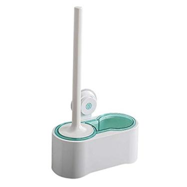 Imagem de Conjunto de escova de vaso sanitário simples para banheiro doméstico escova de vaso sanitário de plástico cabo longo escova de vaso sanitário para economizar espaço escova e suporte (cor: caneca azul
