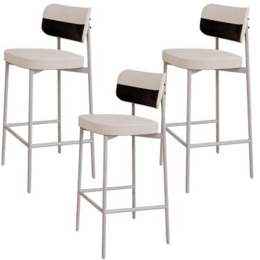 Imagem de Kit 03 Banquetas Alta Bar Cozinha Sala De Jantar Aço Branco Kaira C01 Linho Palha Courino Preto - Lyam Decor