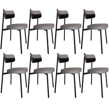 Imagem de Kit 08 Cadeiras Estofada Para Sala de Jantar Astrid Preto C01 Linho Cinza Courino Preto - Lyam Decor