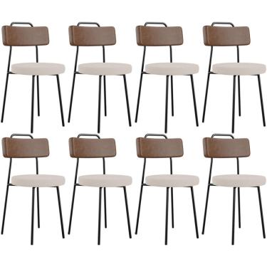 Imagem de Kit 08 Cadeiras Decorativas Estofada Sala Jantar Barcelona L02 Couríssimo Marrom Linho Bege - Lyam