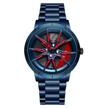 Imagem de Relógio de pulso masculino criativo 3D giratório com roda de carro, design de cubo de aro, moderno, quartzo, elegante, com pulseira de aço inoxidável, presentes para entusiastas de carros, T azul e
