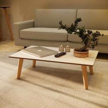 Imagem de Mesa de Centro Moderna, 80 x 42 cm, Tampo MDF, Pés em Madeira Maciça, Altura 32,5 cm (Off White-Freijó)