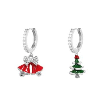 Imagem de Brincos de Natal para mulheres delicados minúsculos aros de argola assimétricos de Natal Tress Jingle Bell brinco de gota clássico vermelho verde CZ cristal pequeno argolas delicadas festa de feriado