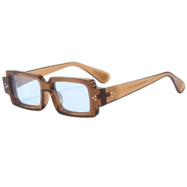 Imagem de Óculos de sol retrô feminino e masculino com lentes UV400, rebites retangulares, transparentes e degradê (chá)