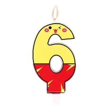 Imagem de Vela de bolo de aniversário de desenho animado, vela de aniversário vermelha e amarela, número decorativo, topo de bolo, decoração de bolo de aniversário para festa temática de desenho animado (número