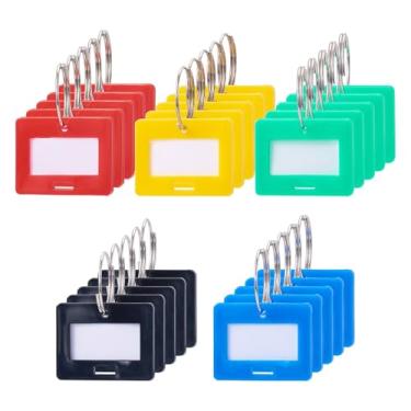 Imagem de 50 peças de etiquetas quadradas de plástico para chaveiro, 5 cores, com anel dividido em ferro, etiqueta de nome em branco, chaveiro para bagagem, chaveiro, identificador de identificação