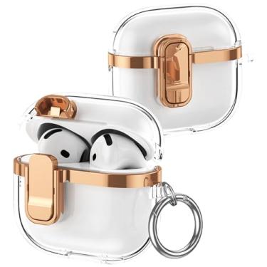 Imagem de Fofvccv Capa galvanizada transparente para AirPods 4ª geração (2024), capa transparente à prova de choque com clipe de trava e chaveiro, suporta carregamento sem fio para AirPods 4 – DD ouro rosa