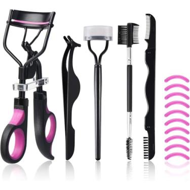 Imagem de Kit de modelador de cílios feminino com modelador de cílios, separador de pente, pincéis de rímel 3 em 1, pinças de extensão de cílios, pincel e pente dobráveis para sobrancelhas, 10 refis de silicone