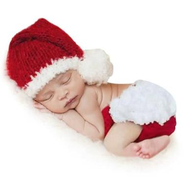 Imagem de ForBaysy Acessório para fotos de Natal para bebês recém-nascidos, meninos, meninas, fantasia de sessão de fotos, macacão vermelho com chapéu de Natal