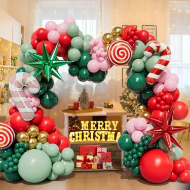 Imagem de 196PCS Christmas Balloon Garland Arch kit with Red Green Pink Gold Christmas Balloons Candy Cane Red and Green Exploding Star Balloons for Christmas Party Decorations New Year