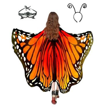 Imagem de Sunlisky Fantasia de Halloween feminina 2025 - capa de asas de fantasia de borboleta com máscara de renda e faixa de cabeça para mulheres adultas, Laranja, 78*50in