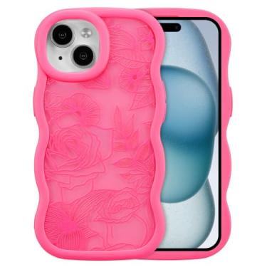 Imagem de XIZYO Capa para iPhone 15, linda flor floral ondulada rosa estética, moldura ondulada encaracolada mulheres meninas fosco TPU bumper à prova de choque, rosa choque fosco