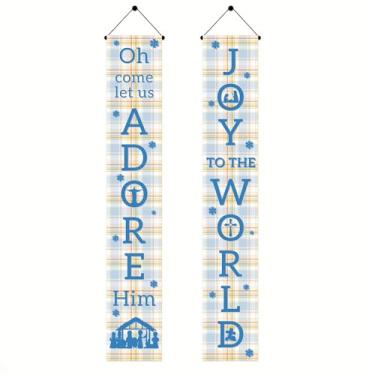 Imagem de BlissYard Conjunto de faixa de porta de Natal 188 x 30 cm Joy To The World And Oh Come Let Us Adore Him xadrez vertical pendurado varanda decoração porta da frente placa de entrada de férias parede
