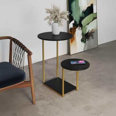 Imagem de Mesa Auxiliar Ferro Dourado Tampo Redondo Preto Cibele