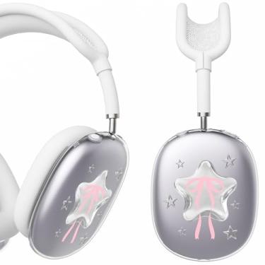Imagem de BlHMCASE Capa de fone de ouvido para AirPods Max, linda capa para fones de ouvido Y2K Star Pink Bow Clear Ear Cups, capa de silicone branca para fones de ouvido para Apple AirPods Max