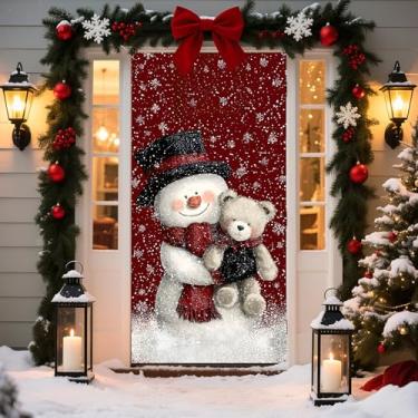 Imagem de BVBOX Capa de porta de Natal, faixa de Natal, capa de decoração de porta da frente, faixa decorativa de Natal para suprimentos de festa de inverno (chapéu preto boneco de neve)