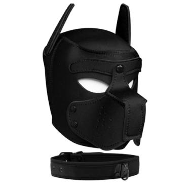 Imagem de Capuz para filhotes, máscara de neoprene com focinheira e coleira removíveis, rosto de cachorro completo (9 cores) (preto)