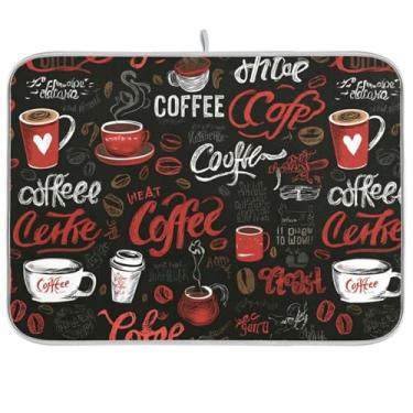Imagem de Brown Break Coffee Time Tapete de secagem de louça, 45 x 60 cm, copos vermelhos de mistura natural, grãos de café, pratos secos, escorredores, protetor de mesa para cozinha de casa, bancadas e decorações de balcão