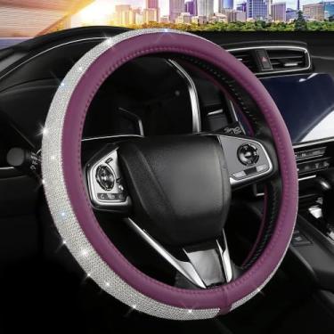 Imagem de Capa de volante de couro diamante brilhante, capas de volante roxas para mulheres e meninas com strass de cristal, ajuste universal para volante de carro de 36,8 a 38 cm, acessórios de capa brilhante