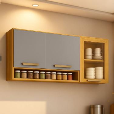 Imagem de Armário Aéreo com Vidro Reflecta e Porta-temperos Adele Cinamomo/ Cinza Acetinado