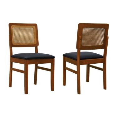 Imagem de Kit 2 Cadeiras Madeira Maciça Lyon Encosto Telinha Amêndoa - Amêndoa Assento Estofado Corano Preto